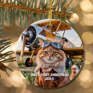 Ornamento De Cerâmica Foto engraçada de Natal de avião de piloto de gato