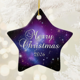Ornamento De Cerâmica Foto Espacial Celestial Roxa de Natal Feliz