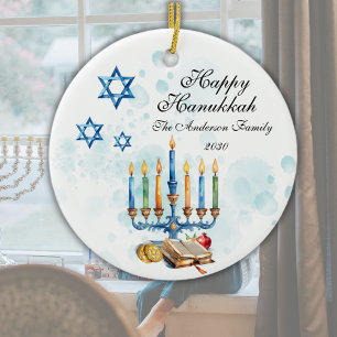 Ornamento De Cerâmica Foto Feliz da Família Watercolor Hanukkah