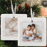 Ornamento De Cerâmica Foto Floco de Neve Foto Frame Bebê Nasce Aposta Na<br><div class="desc">O ornamento fotográfico de parto de bebê com flocos de neve brancos delicados em um fundo natural macio. O modelo fotográfico está pronto para você adicionar sua foto de bebê, que é enquadrada com suas estatísticas de natalidade recém-nascida. Você pode adicionar a mesma foto ou outra no verso, ambas exibidas...</div>