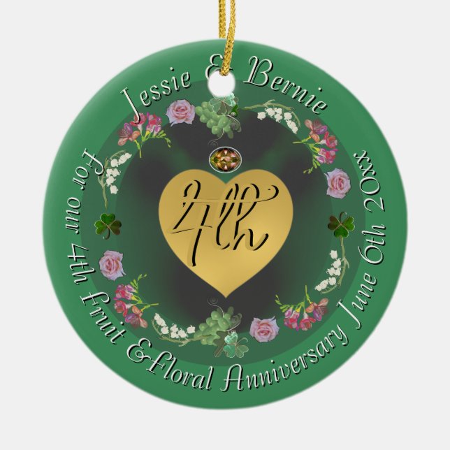 Ornamento De Cerâmica Foto Floral da Fruta do 4º aniversário de casament (Frente)