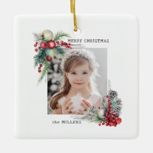 Ornamento De Cerâmica Foto Floral de Natal Elegante Modern Watercolor