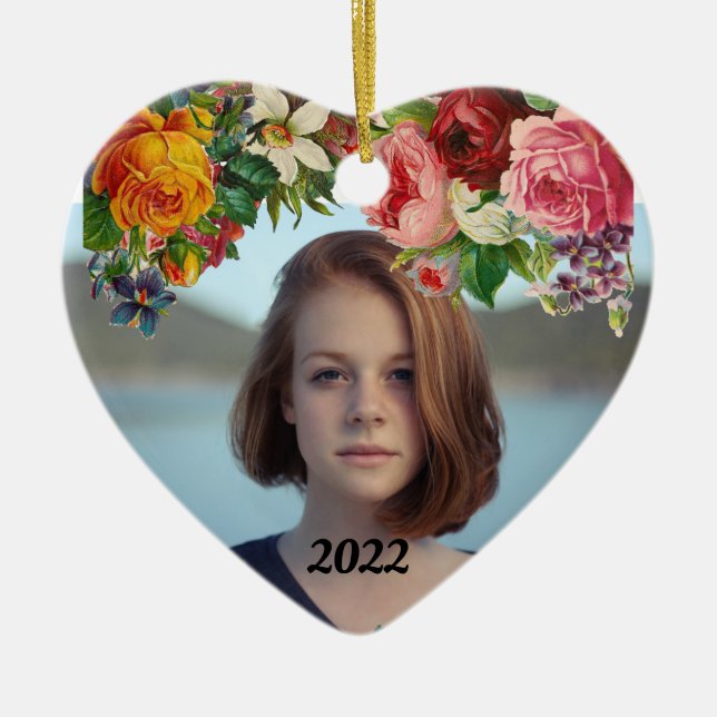 Ornamento De Cerâmica Foto Floral Dia dos Namorados Casamento (Frente)
