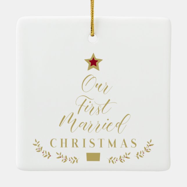 Ornamento De Cerâmica Foto Holly Branch Nosso Primeiro Natal Casado (Verso)