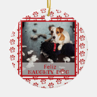 Ornamento De Cerâmica Foto impressa de Feliz Naughn Red Paw