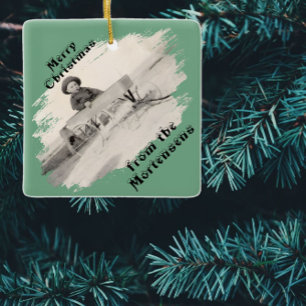 Ornamento De Cerâmica Foto inclinada com texto de Natal com abertura lim