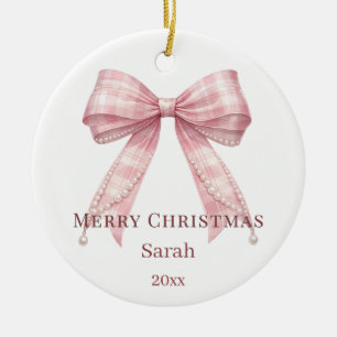 Ornamento De Cerâmica foto laço tartan rosa de Natal