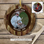 Ornamento De Cerâmica Foto Marrom de Fome - Primeira VELOCIDADE<br><div class="desc">O ornamento de Hunter PRIMEIRO DEER personalizado com uma foto e um nome/data na frente e uma foto de sangria de cheio na parte de trás do estilo de ornamento mostrado (note que todos os estilos de ornamento oferecidos não têm fotos no lado de trás). Padrão de camuflagem. Todo texto...</div>
