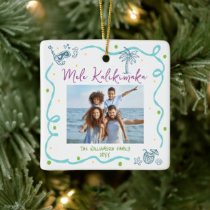 Ornamento De Cerâmica Foto Mele Kalikimaka Azul Roxo Doodle Natal