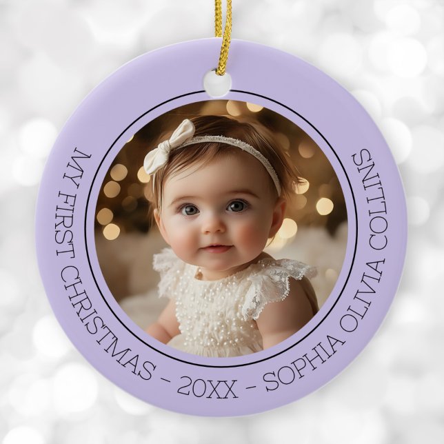 Ornamento De Cerâmica Foto Moderna Roxa do Bebê - Primeiro Natal (Baby's First Christmas Purple Modern Photo Newborn Ceramic Ornament)