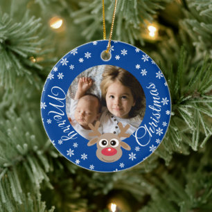 Ornamento De Cerâmica Foto Natal Blue Cute Reindeer White Script