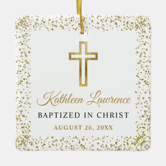 Ornamento De Cerâmica Foto personalizada: Batismo Dourado da Glitter Cro (Frente)