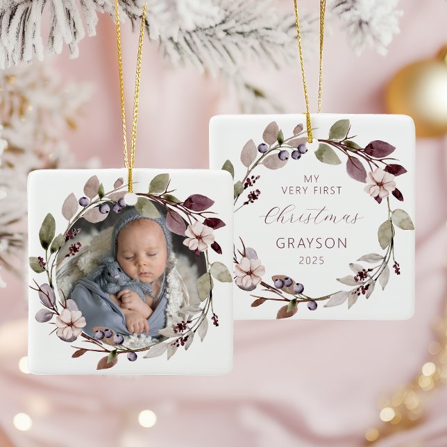 Ornamento De Cerâmica Foto Personalizada Bebê Primeiro Natal Roxo (Criador carregado)