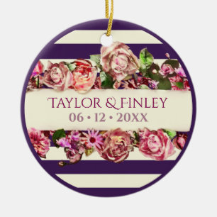 Ornamento De Cerâmica Foto Personalizada Casamento Floral Listrado Vinta