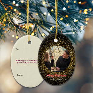Ornamento De Cerâmica Foto personalizada com brilho preto no natal