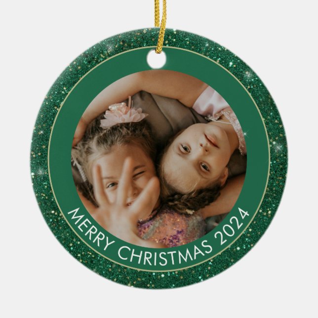 Ornamento De Cerâmica Foto personalizada com brilho verde Feliz Natal (Frente)