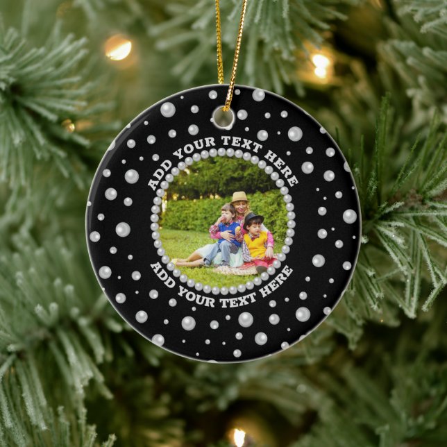 Ornamento De Cerâmica Foto Personalizada com Círculo de Pérolas em Preto (Árvore)