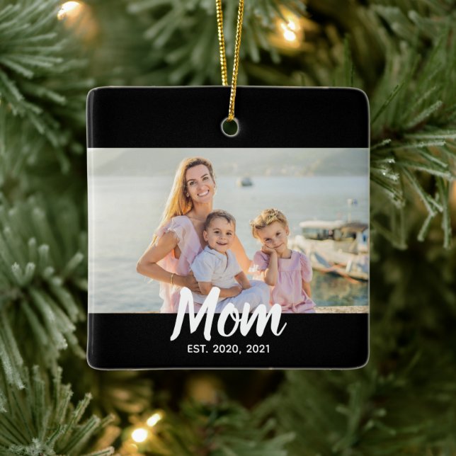 Ornamento De Cerâmica Foto Personalizada com Data e Letra de Mãe Estabel (Árvore)