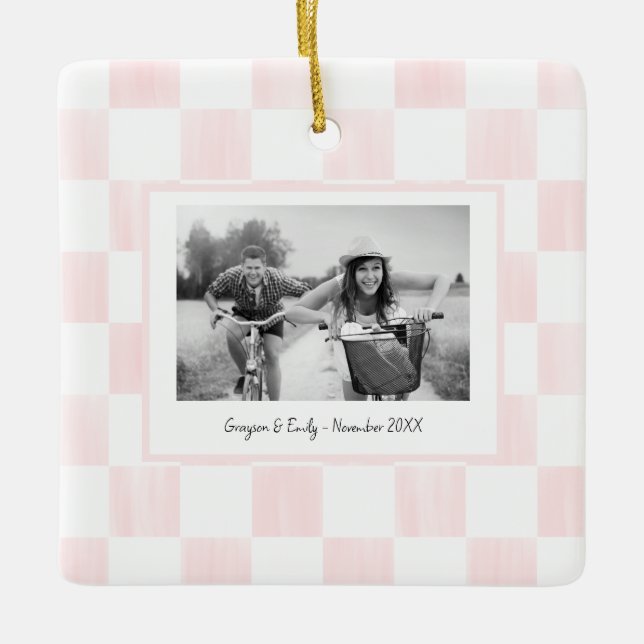 Ornamento De Cerâmica Foto Personalizada com Xadrez Rosa (Frente)