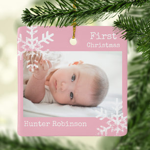 Ornamento De Cerâmica Foto personalizada cor-de-rosa com flocos de neve