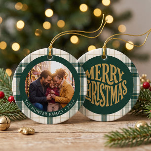 Ornamento De Cerâmica Foto Personalizada da Família em Xadrez Verde