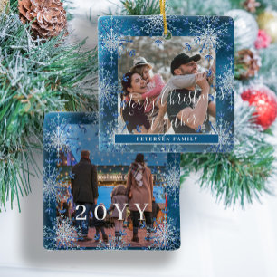 Ornamento De Cerâmica Foto personalizada da família Snowflakes 2, branco