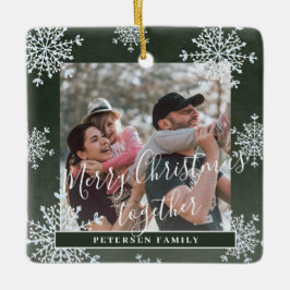 Ornamento De Cerâmica Foto personalizada da família Snowflakes 2 verde