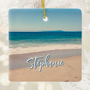 Ornamento De Cerâmica Foto Personalizada da Praia Oceano Azul Cênica
