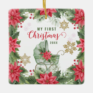Ornamento De Cerâmica Foto personalizada da primeira Poinsettia de Natal