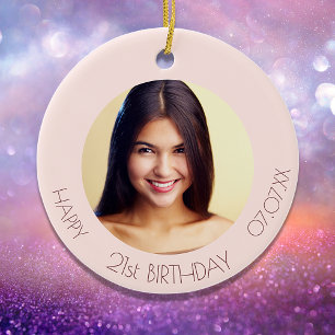 Ornamento De Cerâmica Foto personalizada de aniversário rosa dourado co
