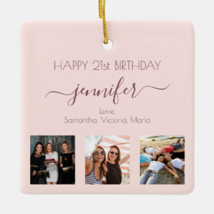 Ornamento De Cerâmica Foto personalizada de aniversário rosa dourado pi