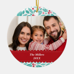 Ornamento De Cerâmica Foto personalizada de Boughes of Holly Red Ribbon