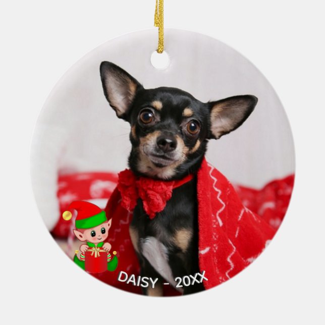 Ornamento De Cerâmica Foto personalizada de cachorro Chihuahua com Elf b (Traseira)