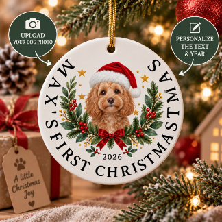Ornamento De Cerâmica Foto Personalizada de Cachorro com Chapéu de Natal