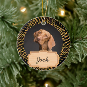 Ornamento De Cerâmica Foto personalizada de cachorro de Natal Dourado pr