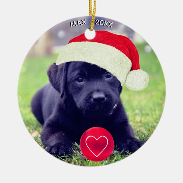 Ornamento De Cerâmica Foto personalizada de cachorro preto no Natal (Frente)