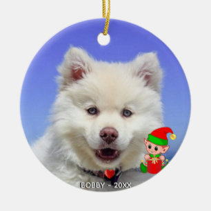 Ornamento De Cerâmica Foto personalizada de cachorro Samoyed com Elfo Fo