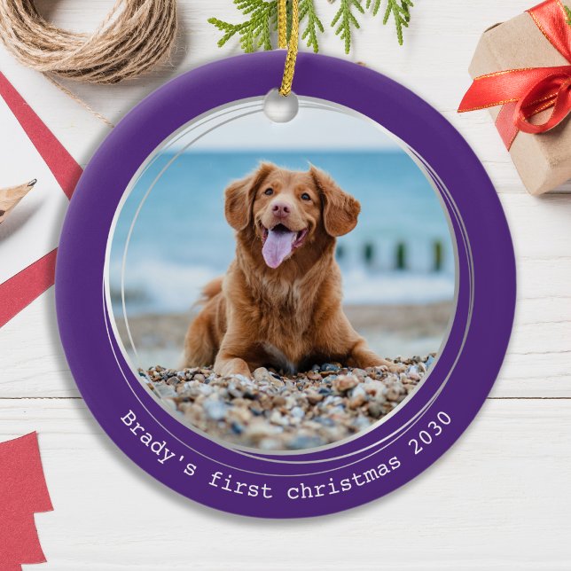 Ornamento De Cerâmica Foto Personalizada de Cão de Pet no Natal Moderno (Criador carregado)