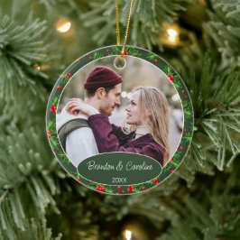 Ornamento De Cerâmica Foto Personalizada de Casal no Primeiro Natal Clás