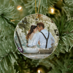 Ornamento De Cerâmica Foto personalizada de casamento com caligrafia mod