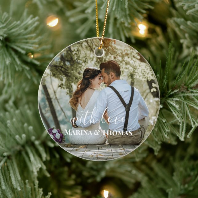 Ornamento De Cerâmica Foto personalizada de casamento com caligrafia mod (Árvore)