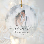 Ornamento De Cerâmica Foto personalizada de casamento para Cinzas person<br><div class="desc">Celebre o seu casamento com este ornamento de keepsawn, com a palavra "eternamente" no elegante roteiro de cinza de carvão com baloiços no começo e no fim. Personalize-o com seus nomes e data de casamento, e substitua a imagem de amostra pela sua foto favorita de casamento. Um filtro de gradiente...</div>