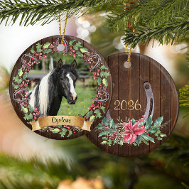 Ornamento De Cerâmica Foto Personalizada de Cavalo Natal Rústico