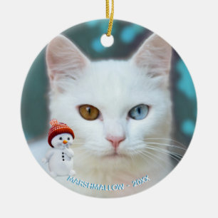 Ornamento De Cerâmica Foto personalizada de gato branco com boneco de ne