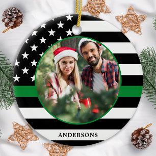 Ornamento De Cerâmica Foto personalizada de linha verde fina Natal milit