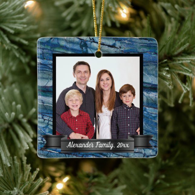 Ornamento De Cerâmica Foto personalizada de mármore azul moderno (Árvore)