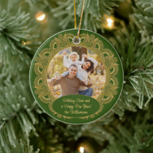 Ornamento De Cerâmica Foto personalizada de Natal da família com texto p