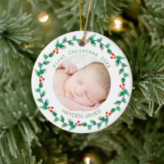 Ornamento De Cerâmica Foto personalizada de Natal do Elegant Wreath Baby