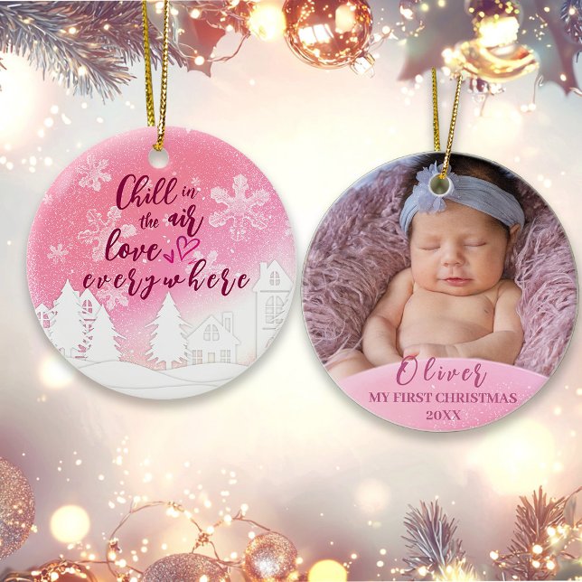 Ornamento De Cerâmica Foto personalizada de Natal para o Bebê Rosa 1rua (Criador carregado)