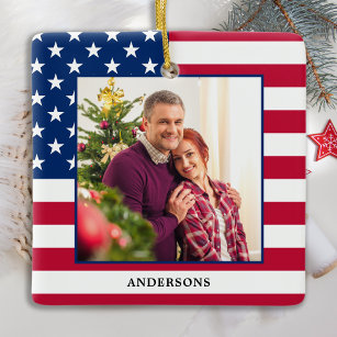 Ornamento De Cerâmica Foto personalizada de Natal Patriótica EUA Bandeir